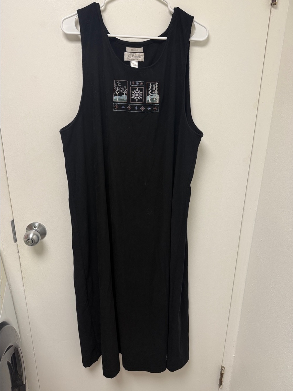CJ Banks Black Sleeveless Embroidered Midi Dress with Snowflake and Trees
